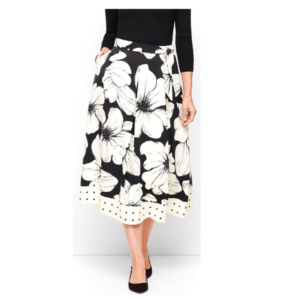 Talbots A-line Pleated Lined Skirt Sz-14 Black/White Floral Print